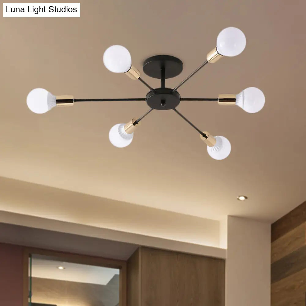 DecorBites™ DecorBites™ Industrial Metallic Semi Flush Light - Black Sputnik Design with 6/8 Exposed Bulbs - Ceiling Mounted Fixture, 23.5"/27.5" W