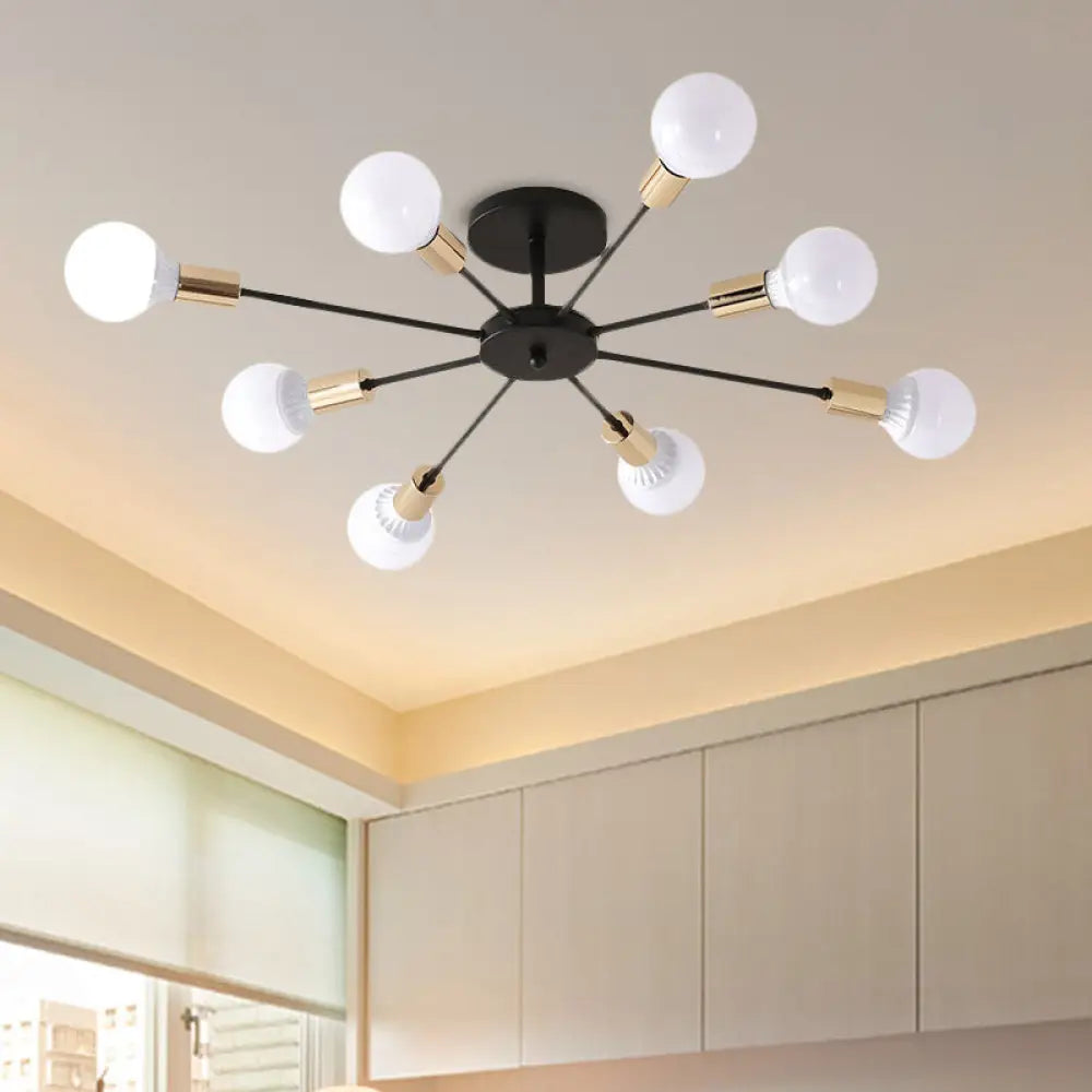 DecorBites™ DecorBites™ Industrial Metallic Semi Flush Light - Black Sputnik Design with 6/8 Exposed Bulbs - Ceiling Mounted Fixture, 23.5"/27.5" W