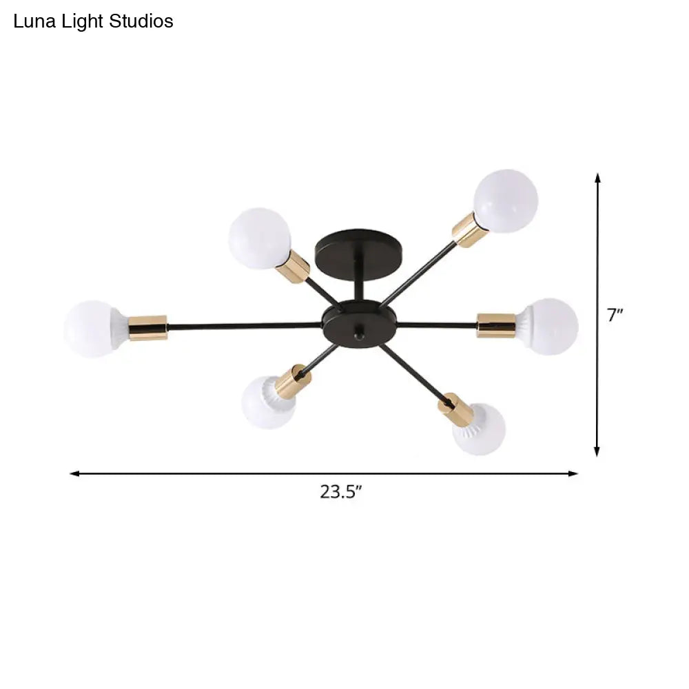 DecorBites™ DecorBites™ Industrial Metallic Semi Flush Light - Black Sputnik Design with 6/8 Exposed Bulbs - Ceiling Mounted Fixture, 23.5"/27.5" W
