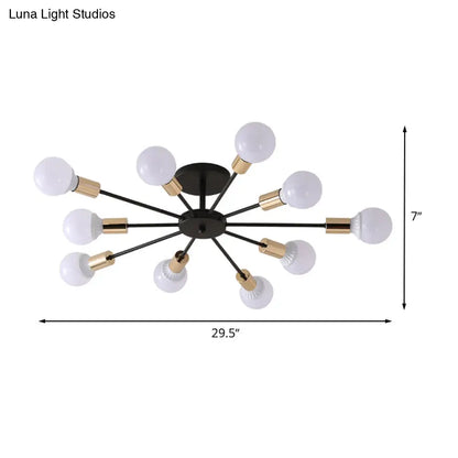 DecorBites™ DecorBites™ Industrial Metallic Semi Flush Light - Black Sputnik Design with 6/8 Exposed Bulbs - Ceiling Mounted Fixture, 23.5"/27.5" W