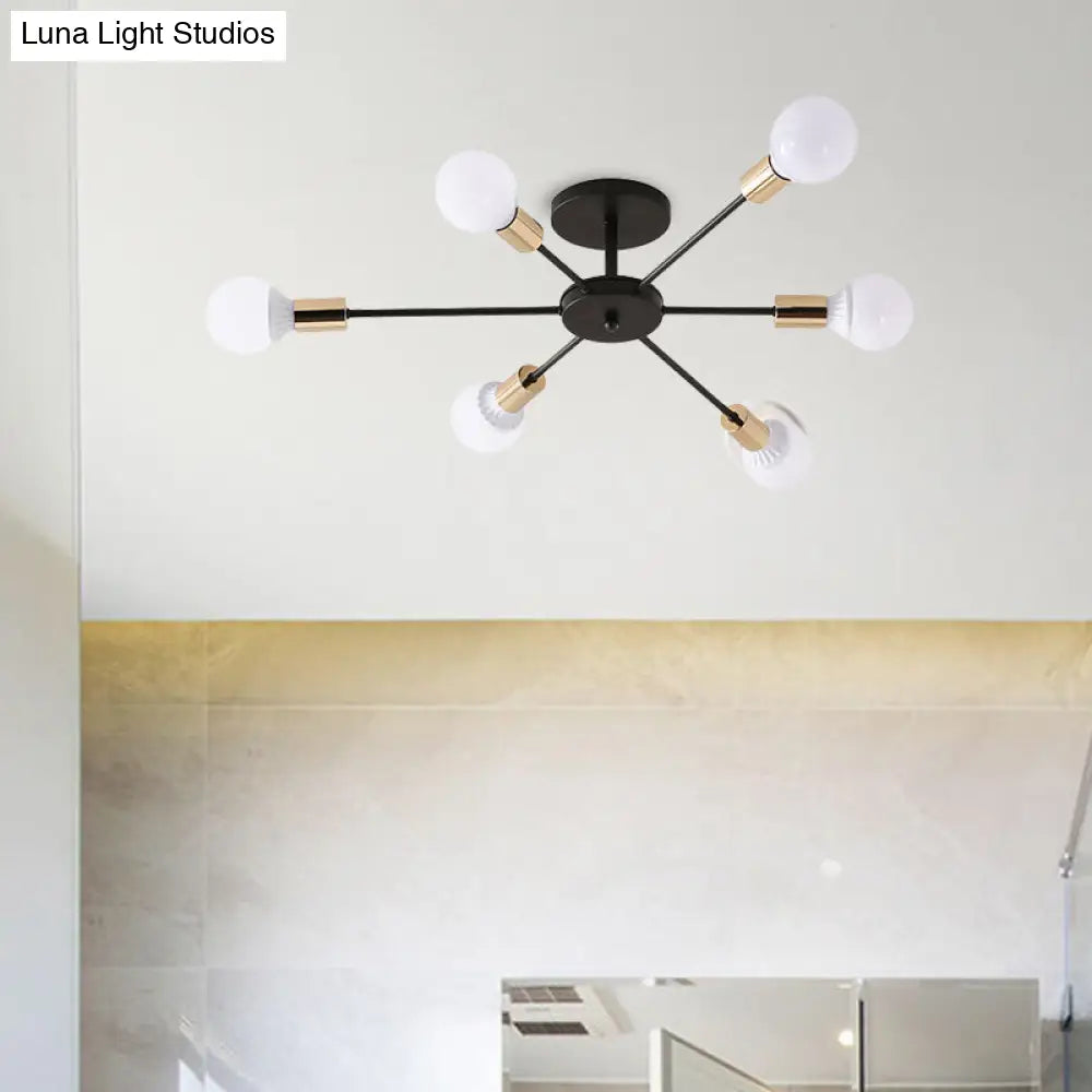 DecorBites™ DecorBites™ Industrial Metallic Semi Flush Light - Black Sputnik Design with 6/8 Exposed Bulbs - Ceiling Mounted Fixture, 23.5"/27.5" W