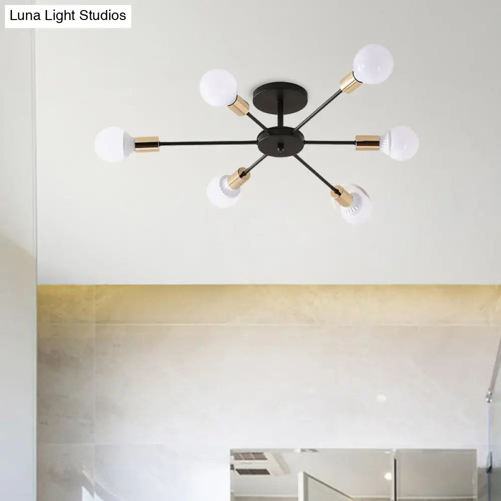 DecorBites™ DecorBites™ Industrial Metallic Semi Flush Light - Black Sputnik Design with 6/8 Exposed Bulbs - Ceiling Mounted Fixture, 23.5"/27.5" W