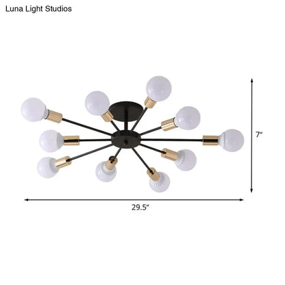 DecorBites™ DecorBites™ Industrial Metallic Semi Flush Light - Black Sputnik Design with 6/8 Exposed Bulbs - Ceiling Mounted Fixture, 23.5"/27.5" W