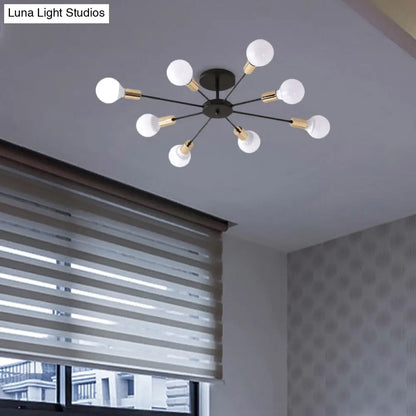 DecorBites™ DecorBites™ Industrial Metallic Semi Flush Light - Black Sputnik Design with 6/8 Exposed Bulbs - Ceiling Mounted Fixture, 23.5"/27.5" W