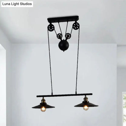 Decorbites™ industrial style black metal island pendant light with two hanging lamps and chain cord pulley mechanism