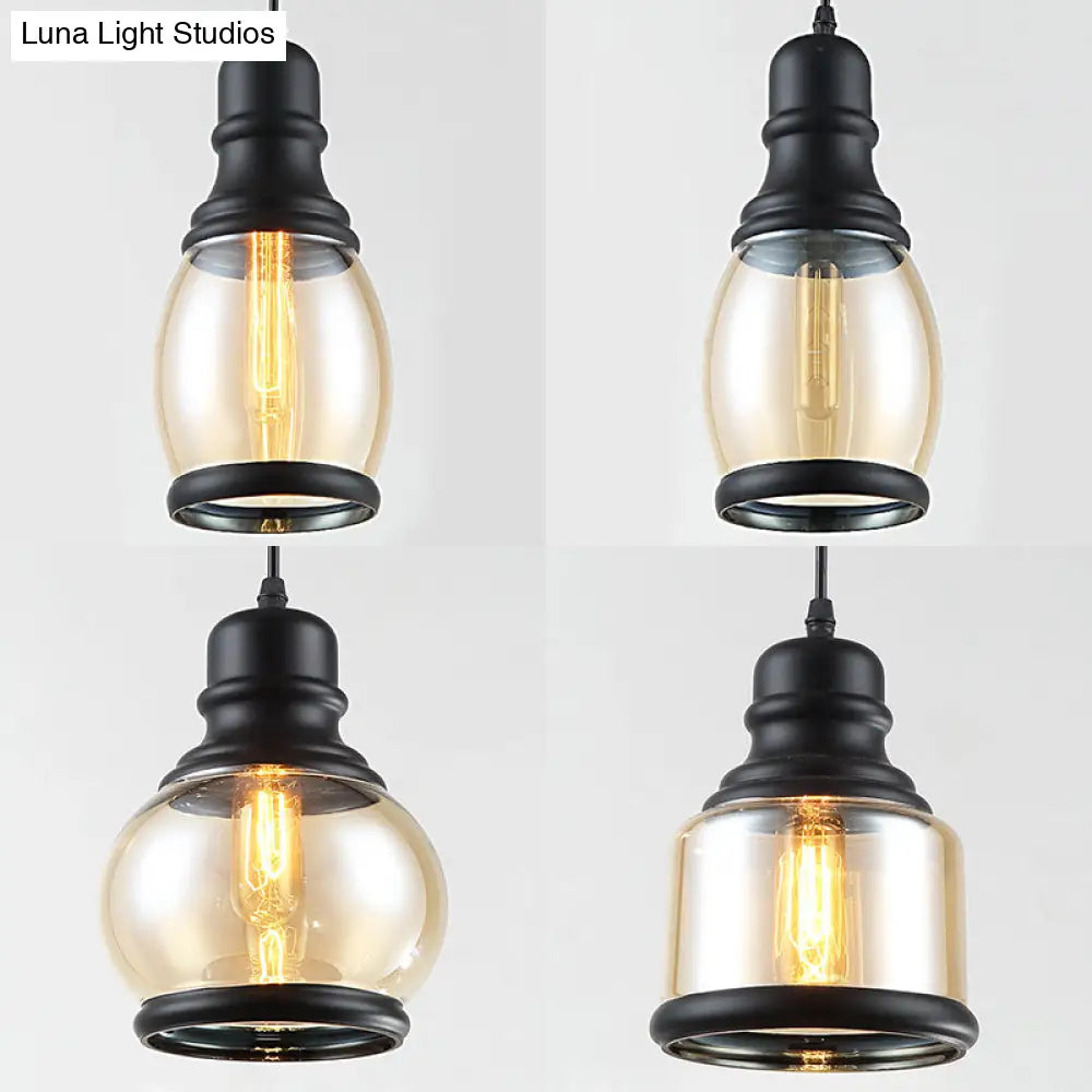 Industrial Multi-Pendant Ceiling Light with Amber Glass Shades for Coffee Shops