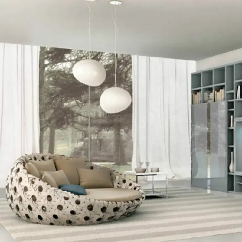 A cozy round beanbag chair with beige and black polka-dot pattern paired with an off-white oval pendant light for living room decorbites industrial living decor