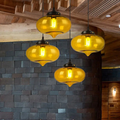 Industrial Onion Shade Pendant Lighting 1 Light: Red/Yellow/Smoke Gray Glass Hanging Lamp for Bar