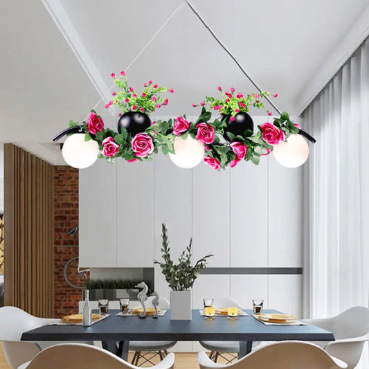 DecorBites™ Industrial Opal Glass Pendant Light with 3 Black Flower Heads for Dining Room Island