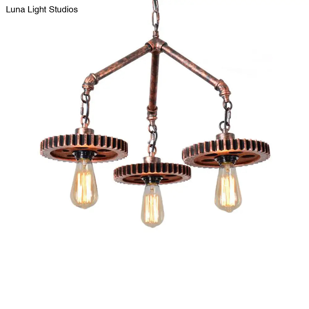 Industrial Open Metal Chandelier - 3-Light Pendant Lighting in Weathered Copper Gear for Dining Room