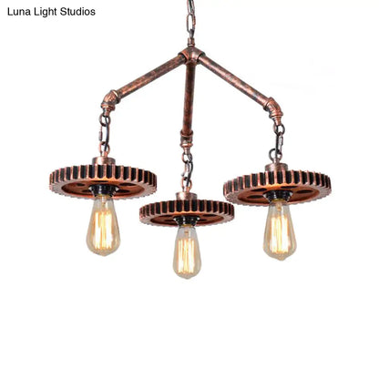 Industrial Open Metal Chandelier - 3-Light Pendant Lighting in Weathered Copper Gear for Dining Room