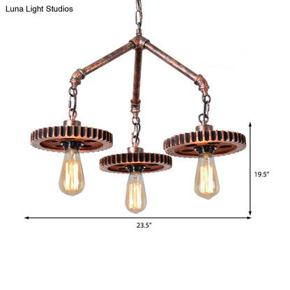 Industrial Open Metal Chandelier - 3-Light Pendant Lighting in Weathered Copper Gear for Dining Room