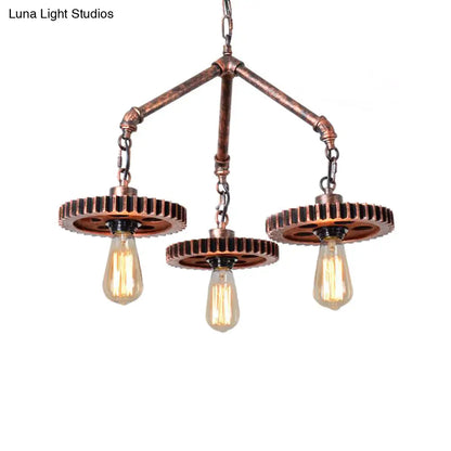 Industrial Open Metal Chandelier - 3-Light Pendant Lighting in Weathered Copper Gear for Dining Room
