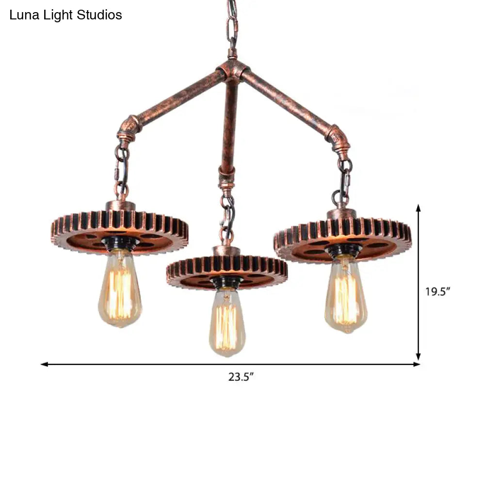 Industrial Open Metal Chandelier - 3-Light Pendant Lighting in Weathered Copper Gear for Dining Room