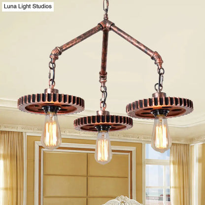 Industrial Open Metal Chandelier - 3-Light Pendant Lighting in Weathered Copper Gear for Dining Room