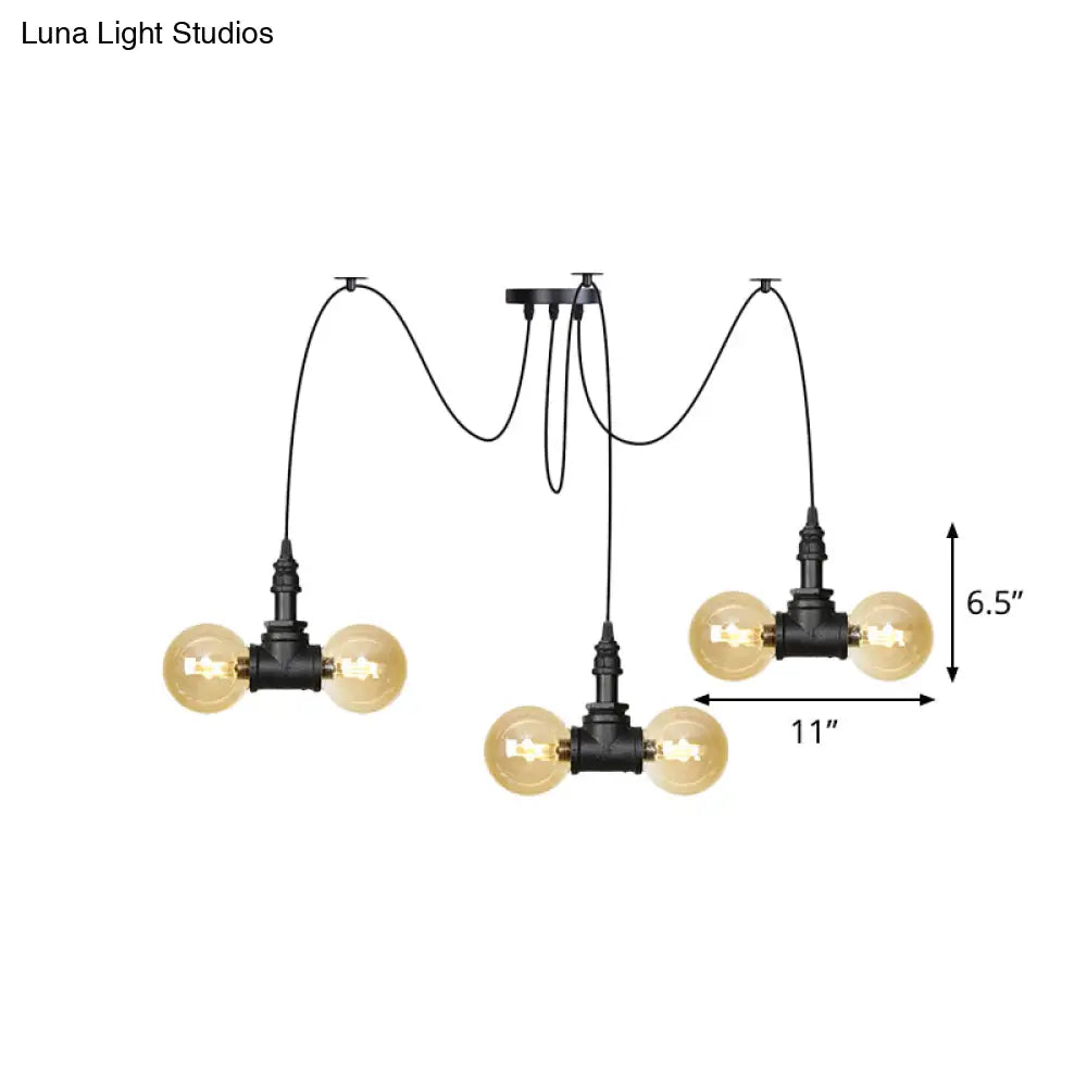 Industrial Orb Amber Glass Pendant Lamp - Multi Hanging Light Fixture (4/6/12 Bulbs) in Black