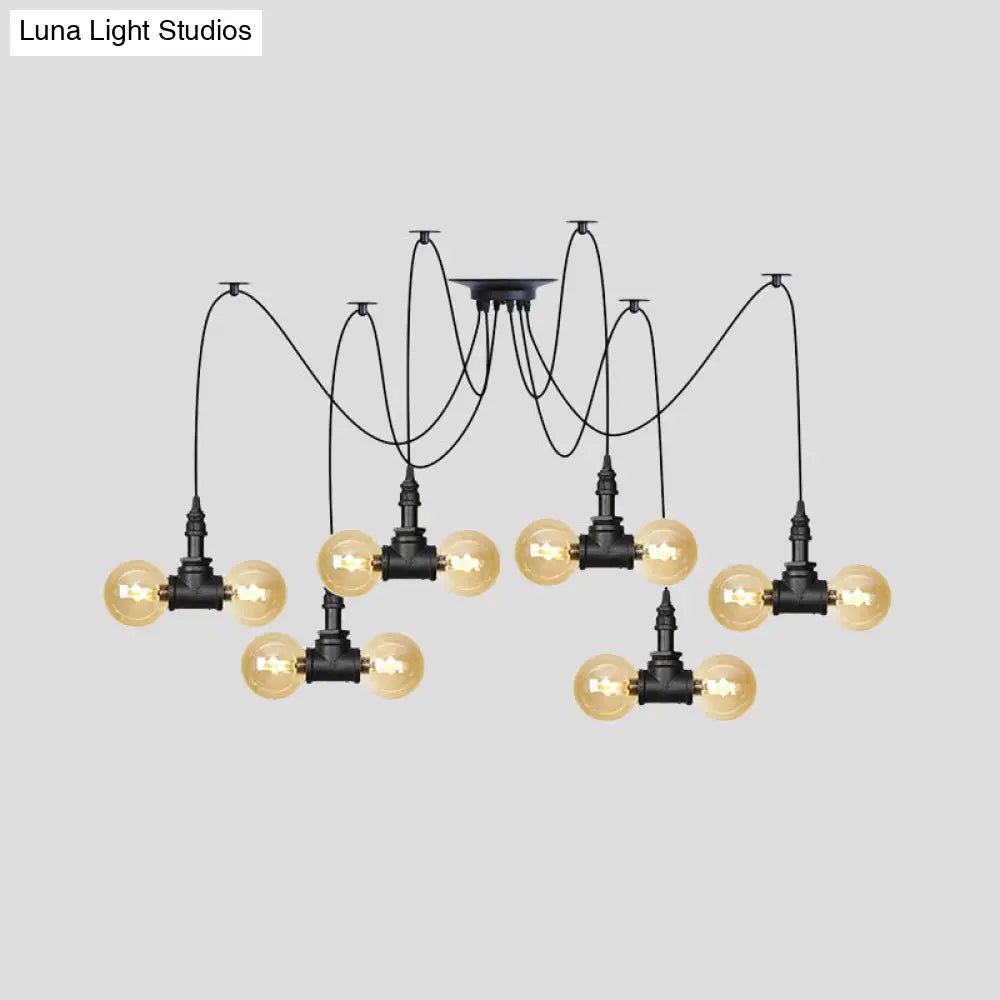 Industrial Orb Amber Glass Pendant Lamp - Multi Hanging Light Fixture (4/6/12 Bulbs) in Black