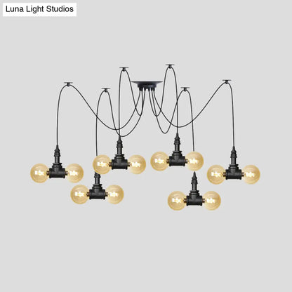 Industrial Orb Amber Glass Pendant Lamp - Multi Hanging Light Fixture (4/6/12 Bulbs) in Black