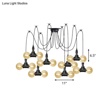 Industrial Orb Amber Glass Pendant Lamp - Multi Hanging Light Fixture (4/6/12 Bulbs) in Black