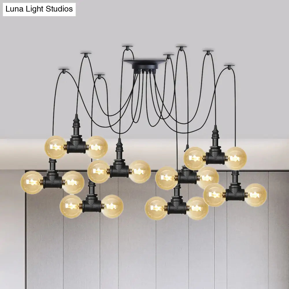 Industrial Orb Amber Glass Pendant Lamp - Multi Hanging Light Fixture (4/6/12 Bulbs) in Black