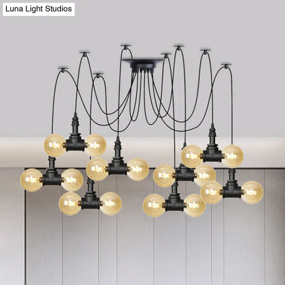 Industrial Orb Amber Glass Pendant Lamp - Multi Hanging Light Fixture (4/6/12 Bulbs) in Black