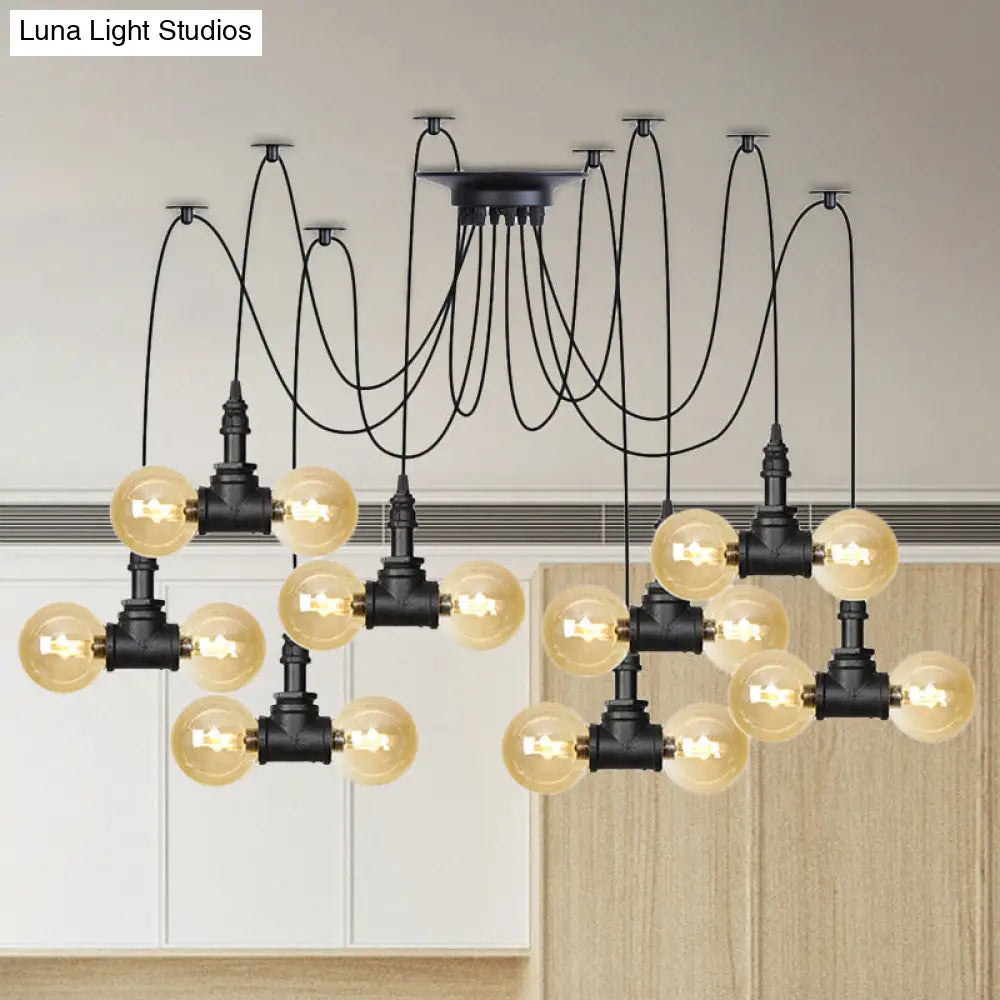 Industrial Orb Amber Glass Pendant Lamp - Multi Hanging Light Fixture (4/6/12 Bulbs) in Black