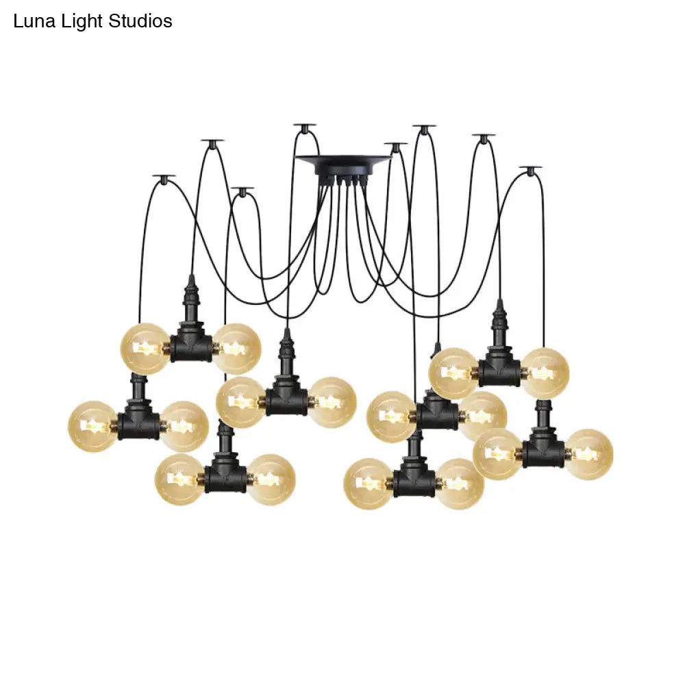 Industrial Orb Amber Glass Pendant Lamp - Multi Hanging Light Fixture (4/6/12 Bulbs) in Black