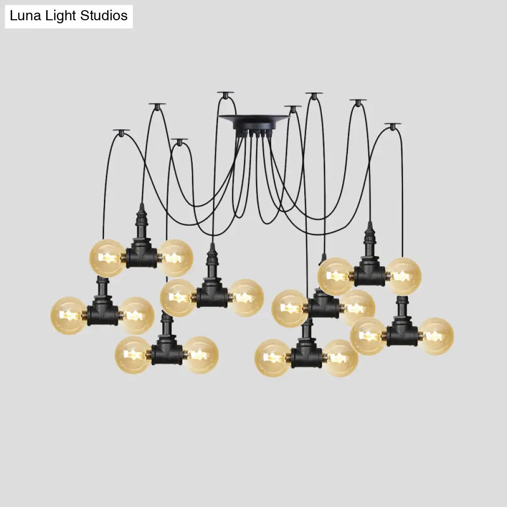 Industrial Orb Amber Glass Pendant Lamp - Multi Hanging Light Fixture (4/6/12 Bulbs) in Black