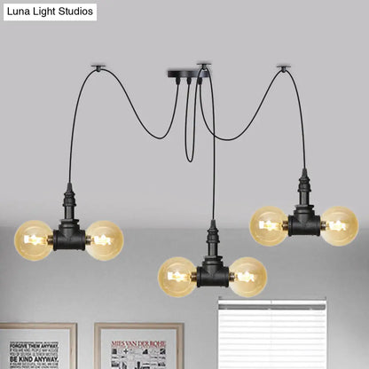 Industrial Orb Amber Glass Pendant Lamp - Multi Hanging Light Fixture (4/6/12 Bulbs) in Black