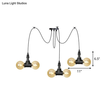 Industrial Orb Amber Glass Pendant Lamp - Multi Hanging Light Fixture (4/6/12 Bulbs) in Black