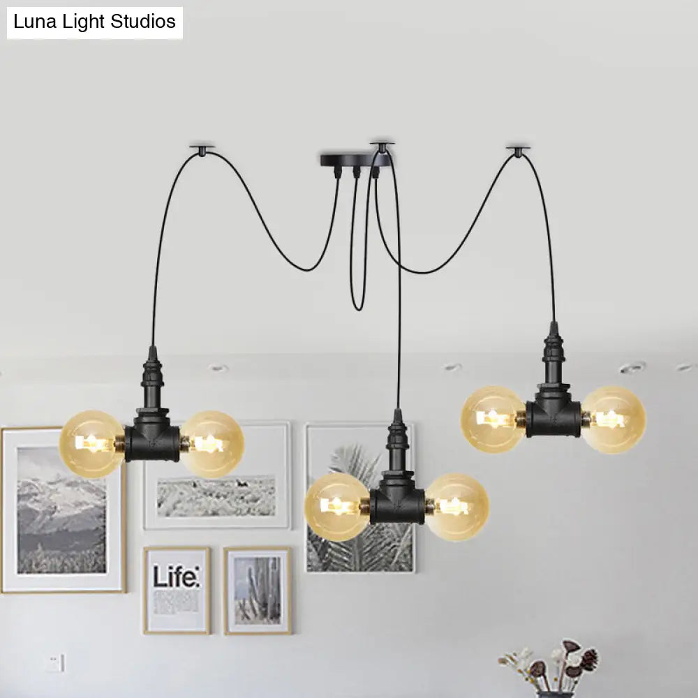 Industrial Orb Amber Glass Pendant Lamp - Multi Hanging Light Fixture (4/6/12 Bulbs) in Black