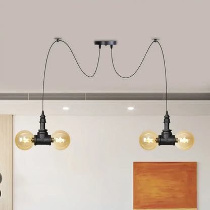 Industrial Orb Amber Glass Pendant Lamp - Multi Hanging Light Fixture (4/6/12 Bulbs) in Black