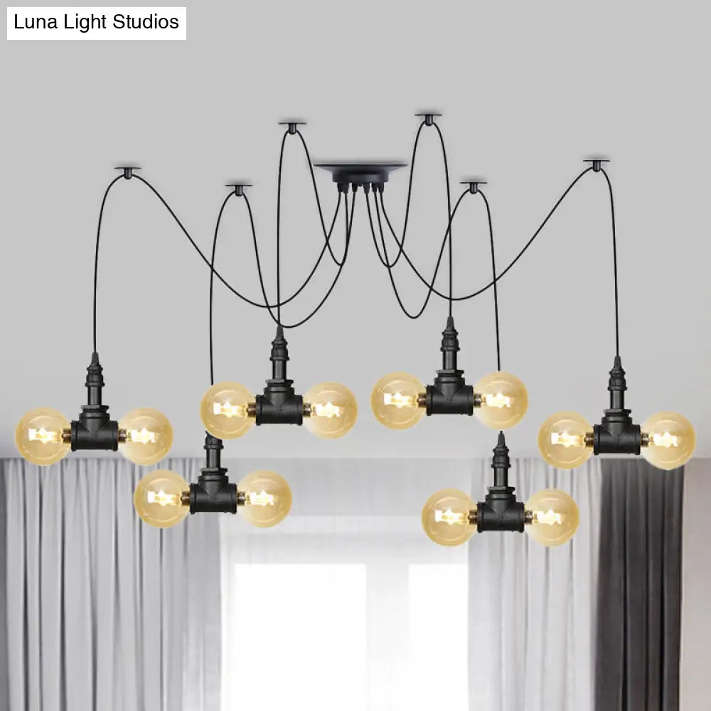 Industrial Orb Amber Glass Pendant Lamp - Multi Hanging Light Fixture (4/6/12 Bulbs) in Black