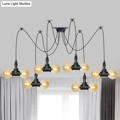 Industrial Orb Amber Glass Pendant Lamp - Multi Hanging Light Fixture (4/6/12 Bulbs) in Black