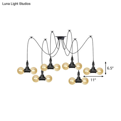 Industrial Orb Amber Glass Pendant Lamp - Multi Hanging Light Fixture (4/6/12 Bulbs) in Black