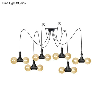 Industrial Orb Amber Glass Pendant Lamp - Multi Hanging Light Fixture (4/6/12 Bulbs) in Black