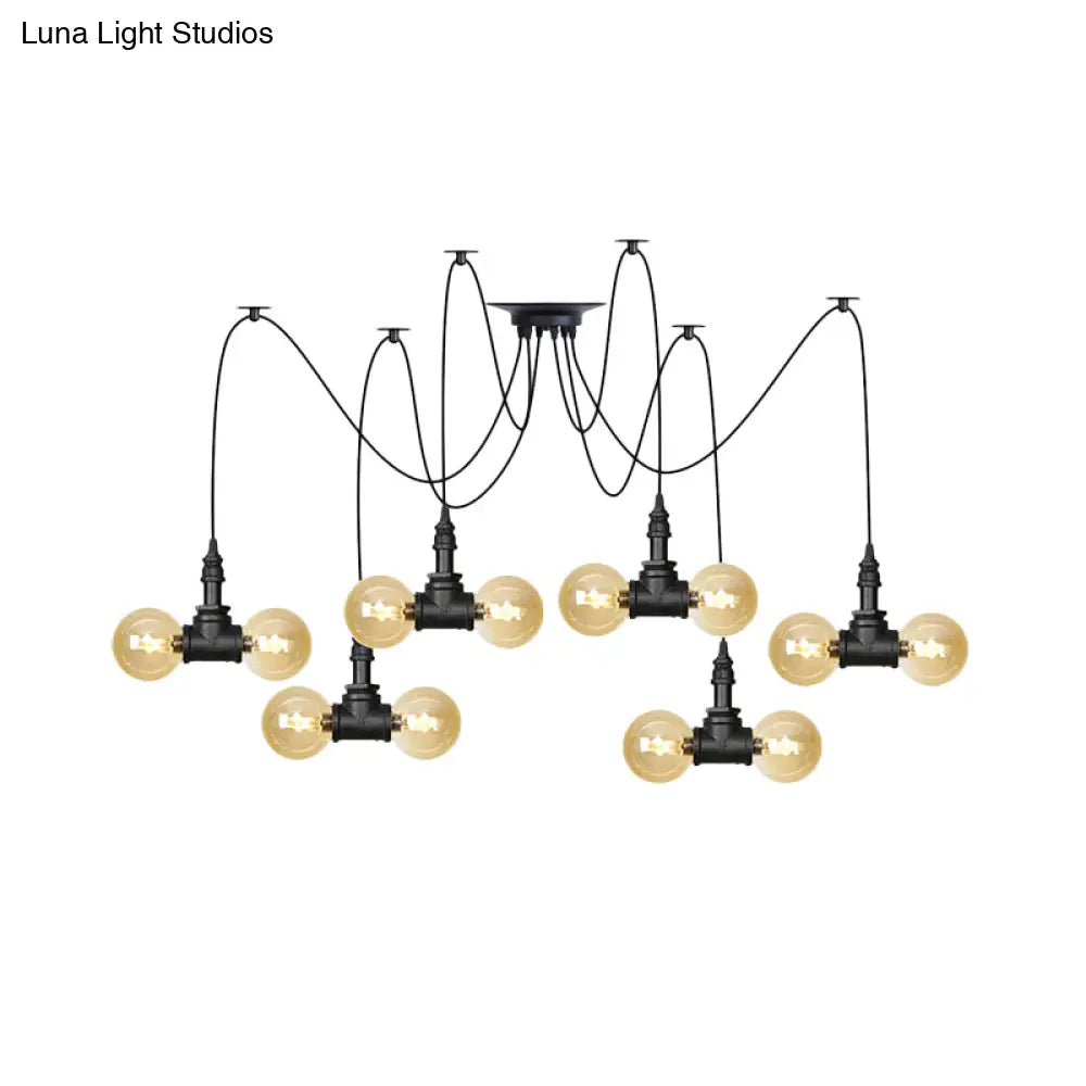 Industrial Orb Amber Glass Pendant Lamp - Multi Hanging Light Fixture (4/6/12 Bulbs) in Black