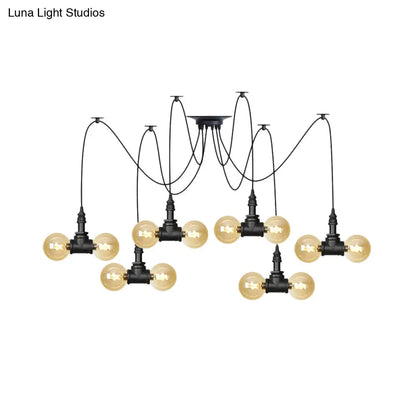 Industrial Orb Amber Glass Pendant Lamp - Multi Hanging Light Fixture (4/6/12 Bulbs) in Black