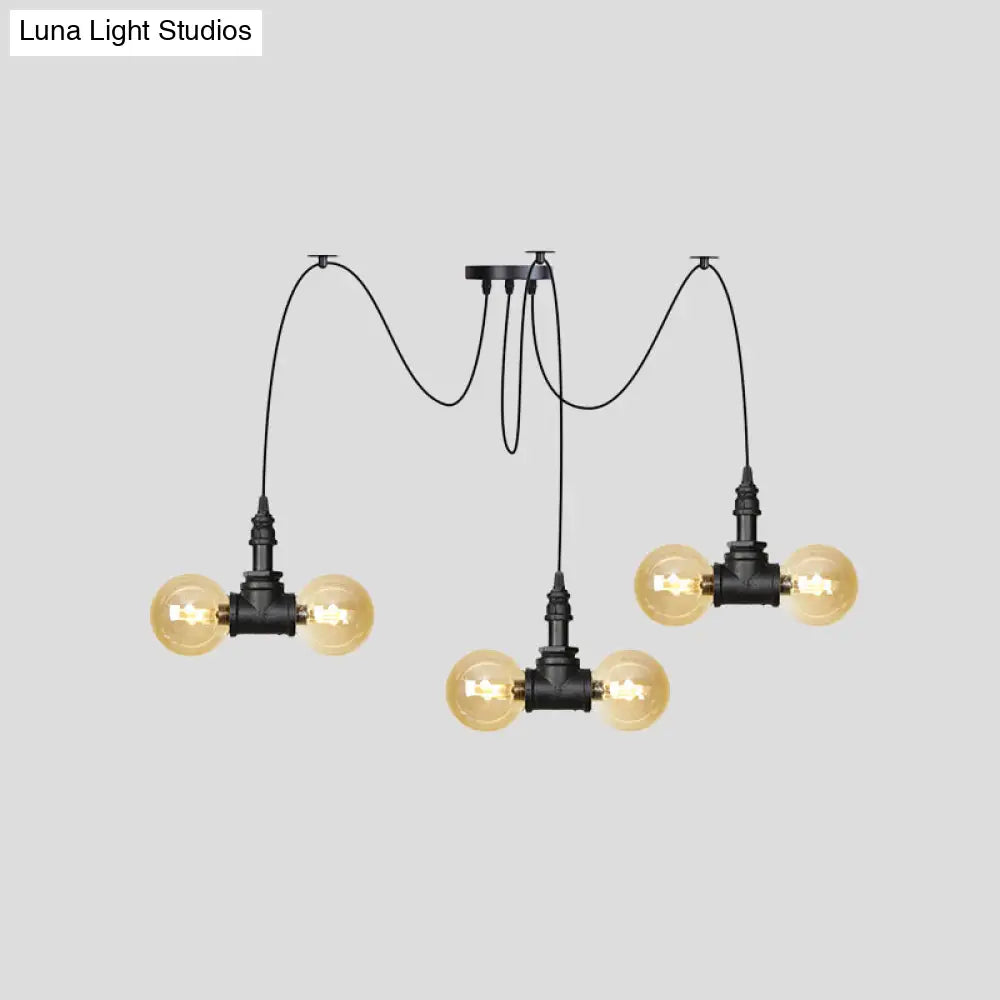 Industrial Orb Amber Glass Pendant Lamp - Multi Hanging Light Fixture (4/6/12 Bulbs) in Black