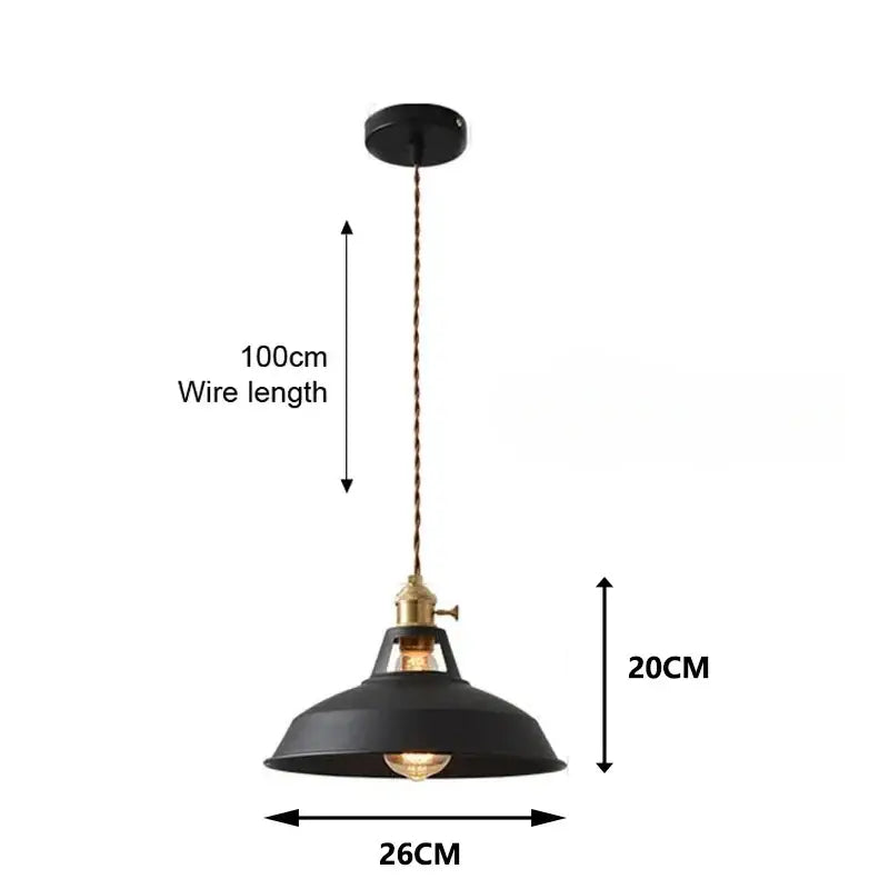 Black metal pendant light with a metal shade and brass finish chain featuring an industrial design for kitchen use