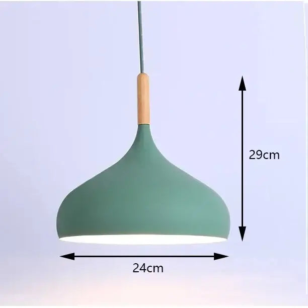 A modern pendant light with a matte sage green metal shade and natural wood rod in industrial pastel design