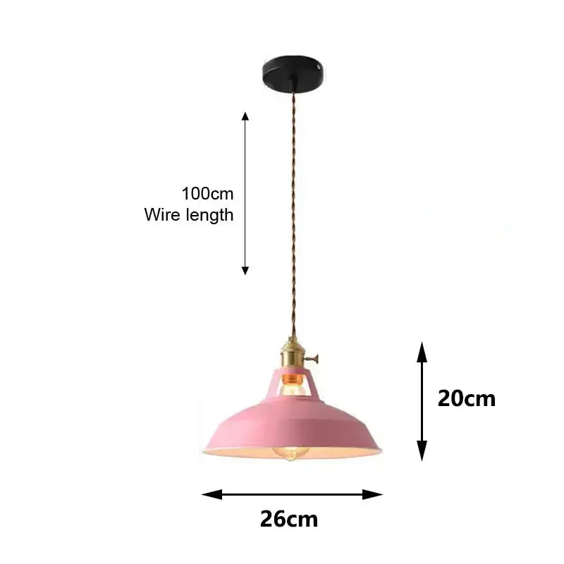 Industrial pastel pink pendant light with metal shade brass finish and twisted copper wire suspension for kitchen use