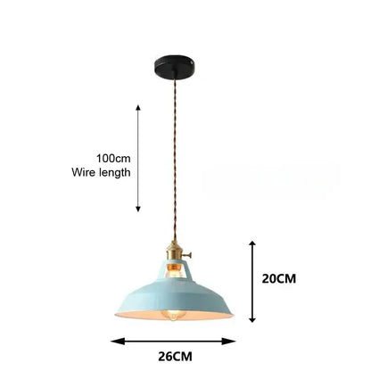 Industrial pastel metal pendant light with pale blue dome-shaped metal shade and brass finish hardware for kitchen use