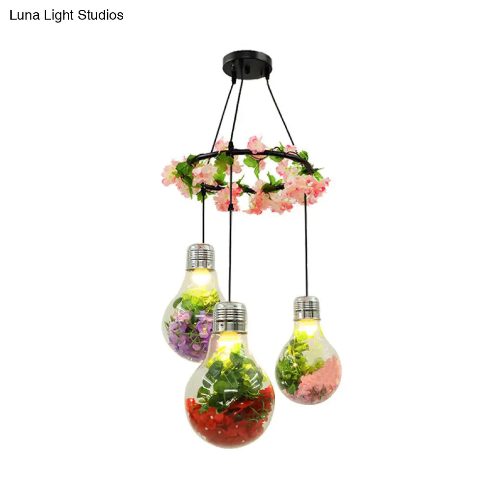 Industrial Pendant Ceiling Lamp - Clear Glass Bulb Cluster with 3 LED Lights, Black Finish and Flower Decoration