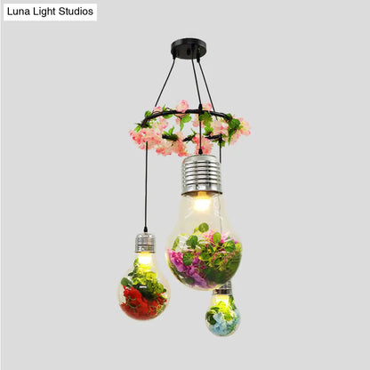 Industrial Pendant Ceiling Lamp - Clear Glass Bulb Cluster with 3 LED Lights, Black Finish and Flower Decoration