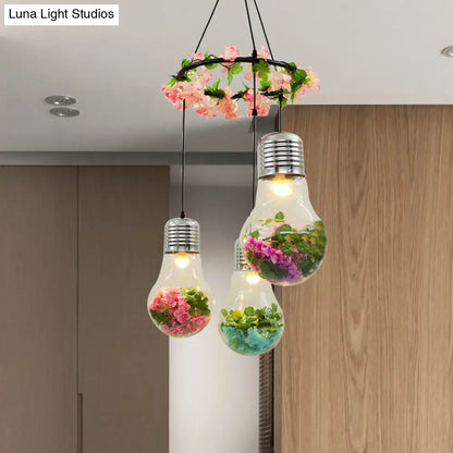 Industrial Pendant Ceiling Lamp - Clear Glass Bulb Cluster with 3 LED Lights, Black Finish and Flower Decoration