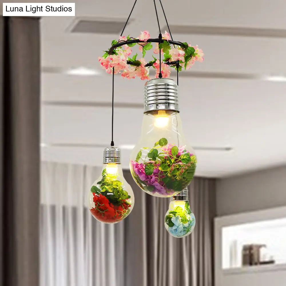 Industrial Pendant Ceiling Lamp - Clear Glass Bulb Cluster with 3 LED Lights, Black Finish and Flower Decoration