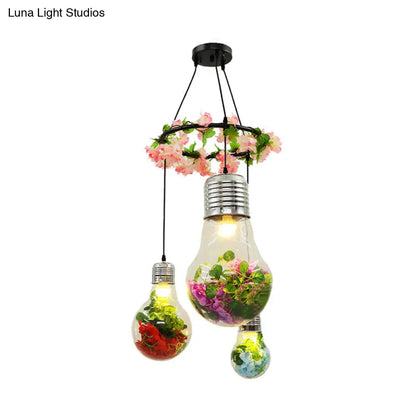 Industrial Pendant Ceiling Lamp - Clear Glass Bulb Cluster with 3 LED Lights, Black Finish and Flower Decoration