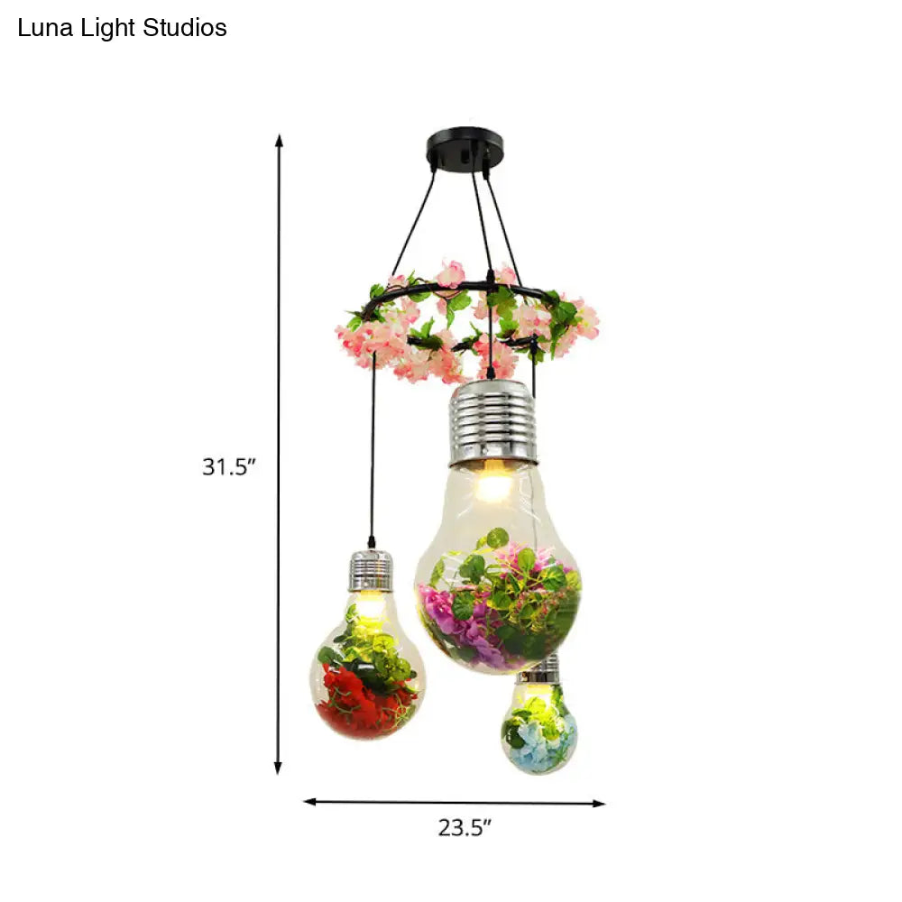 Industrial Pendant Ceiling Lamp - Clear Glass Bulb Cluster with 3 LED Lights, Black Finish and Flower Decoration