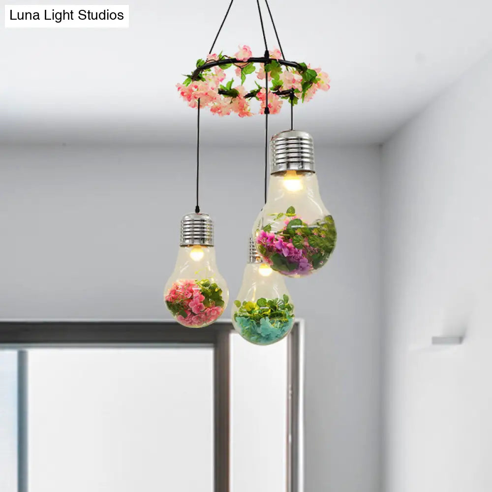 Industrial Pendant Ceiling Lamp - Clear Glass Bulb Cluster with 3 LED Lights, Black Finish and Flower Decoration